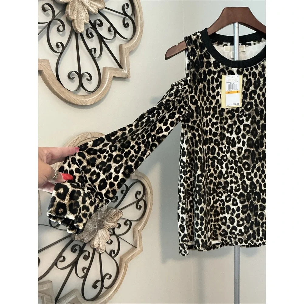 Michael Kors Women's Cold Shoulder Cheetah Print Tunic‎ Sz S $98